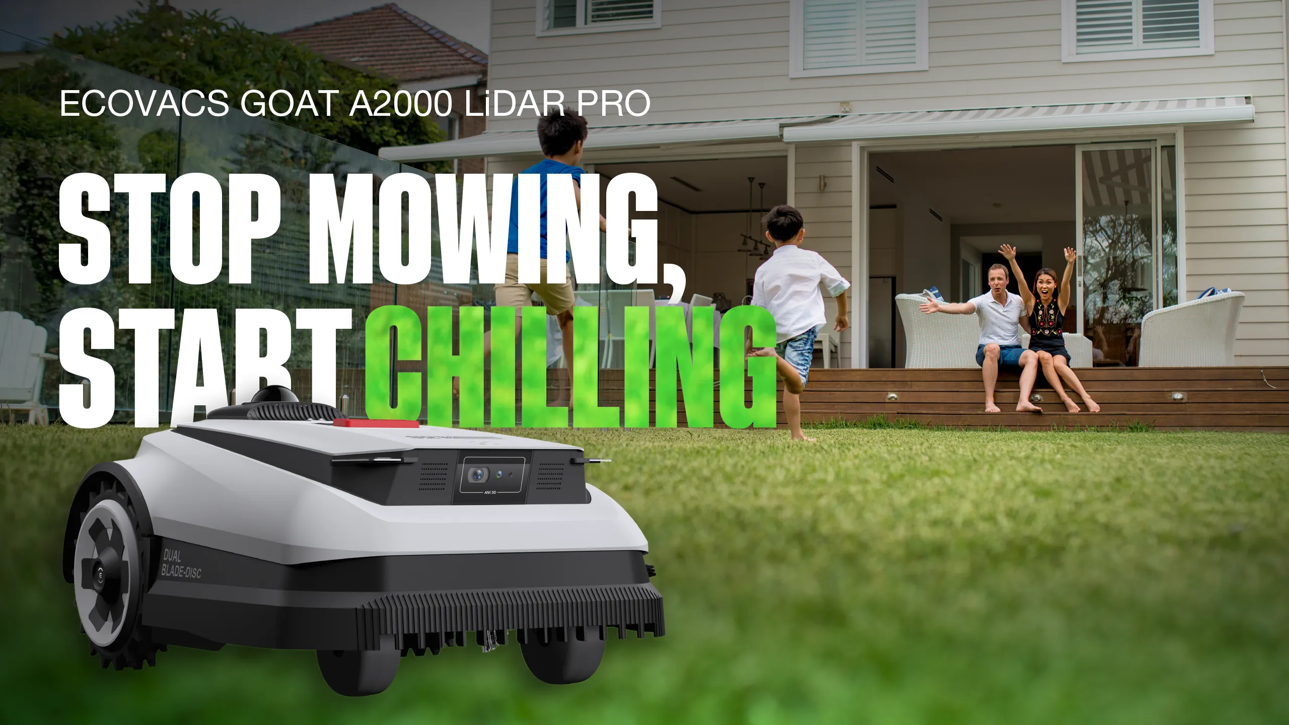 ECOVACS GOAT A2000 LiDAR PRO robotic lawn mower cutting grass in the garden