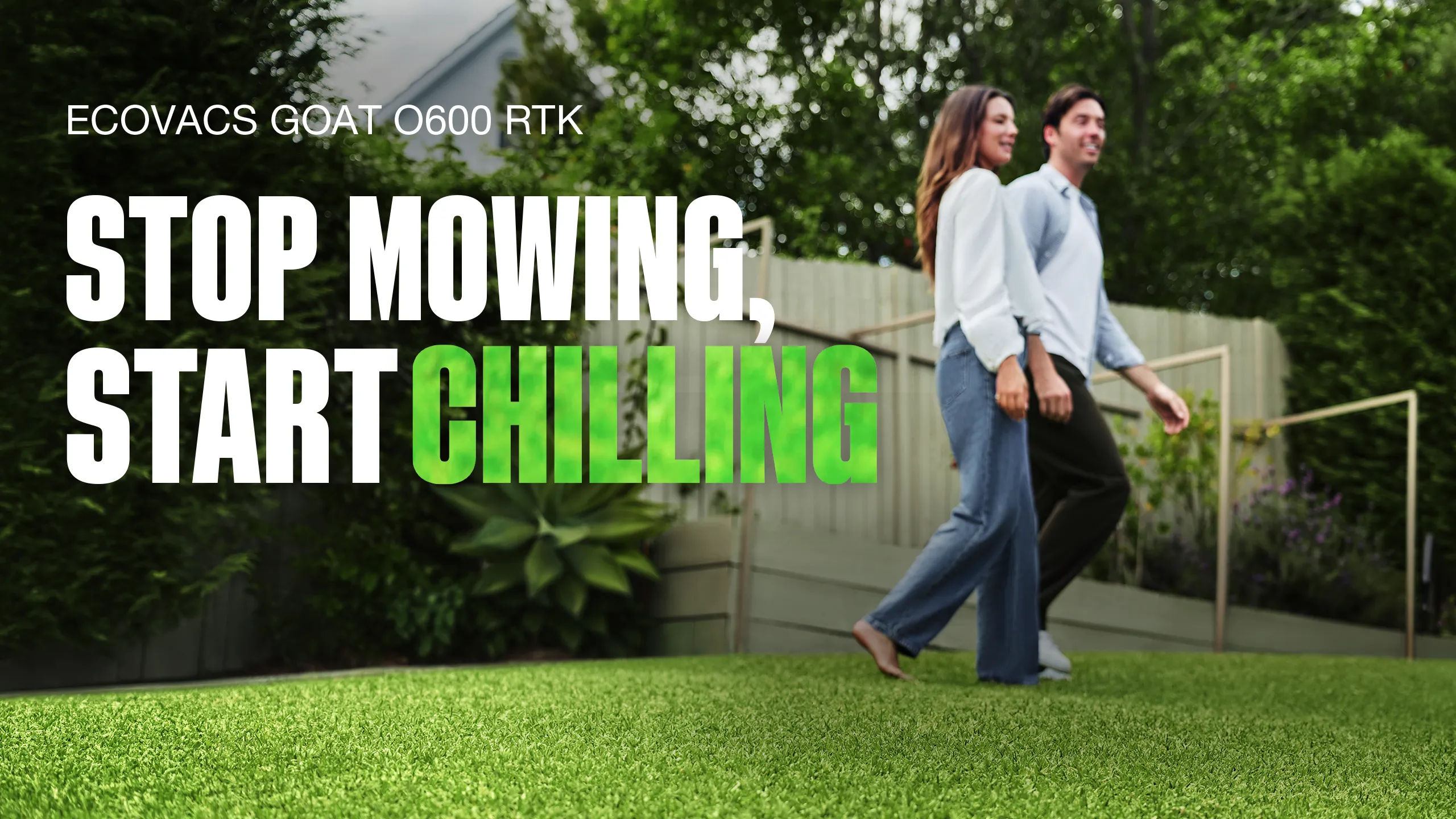 ECOVACS GOAT O600 RTK robot lawn mower maintaining a residential backyard lawn