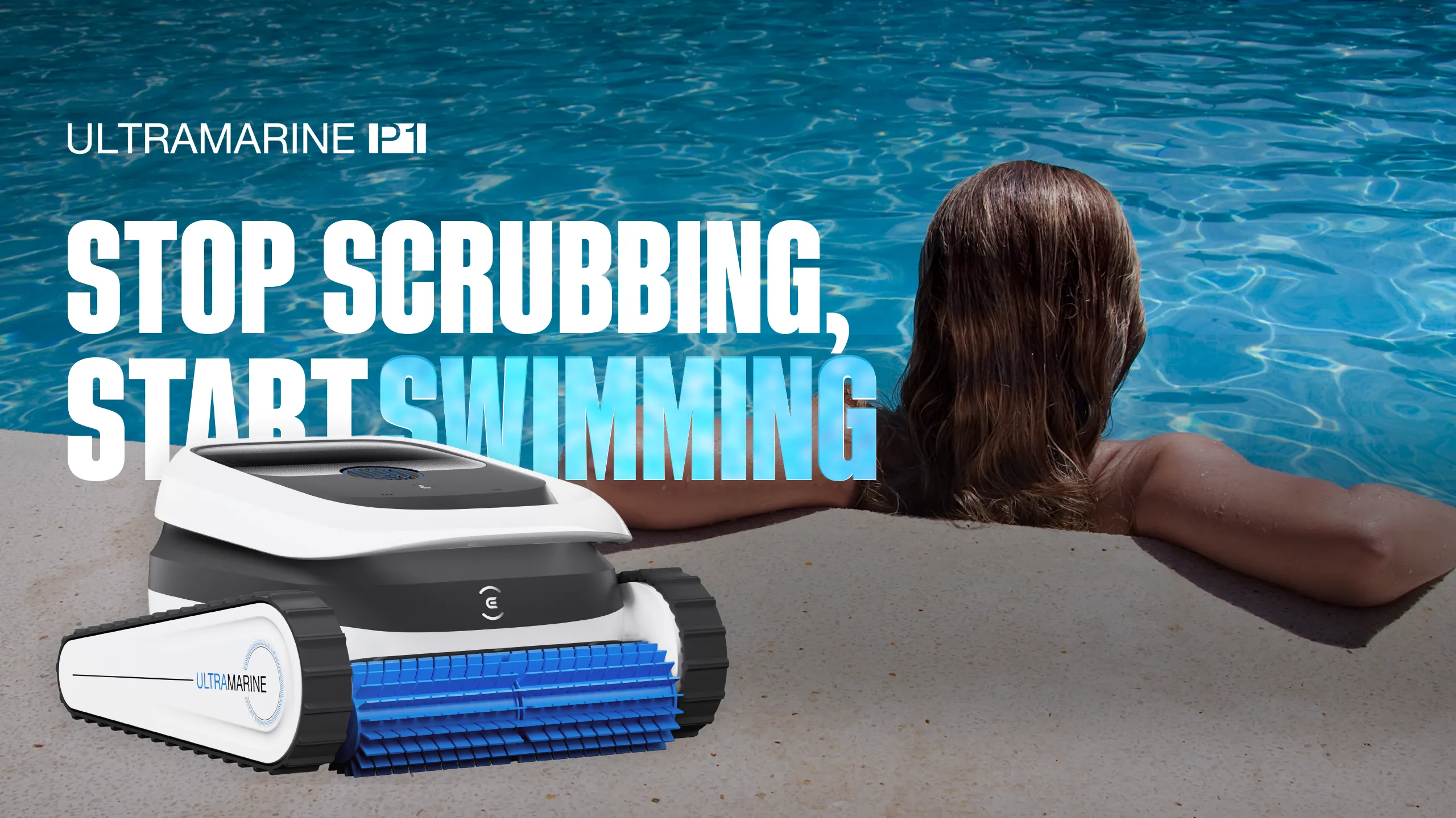 ECOVACS ULTRAMARINE P1 robotic pool cleaner by the swimming pool