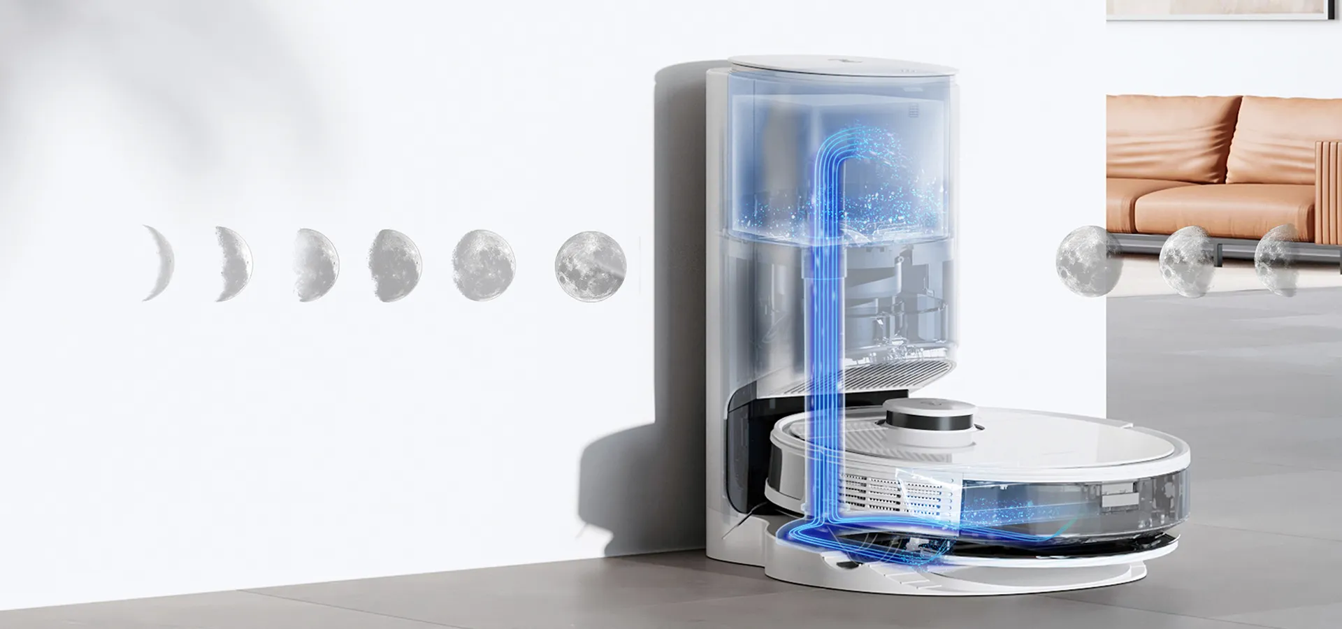Empties the dust container automatically