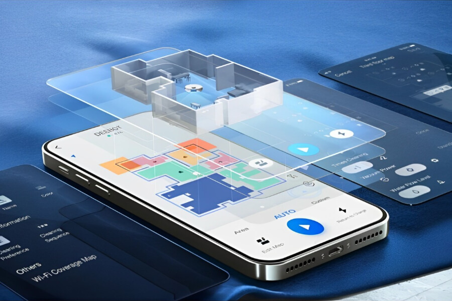 a robot vacuum cleaner app showing saved maps