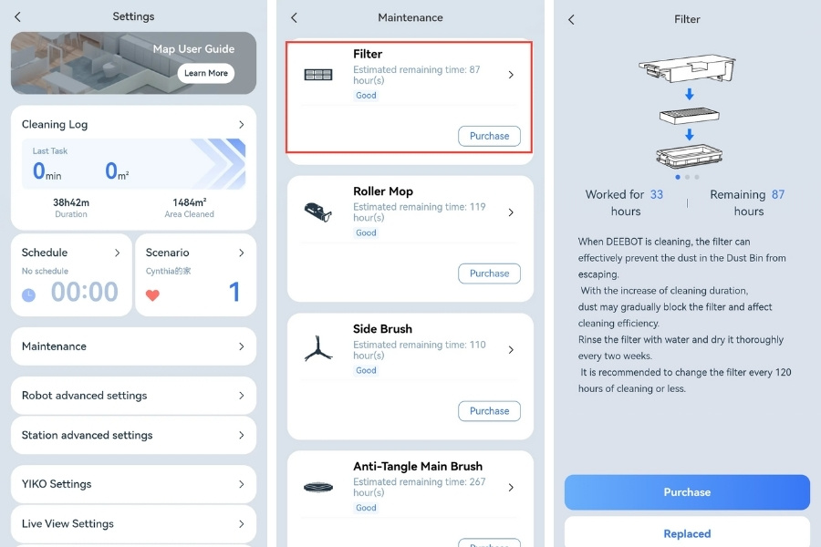 deebot robot vacuum filter status on ecovacs home app