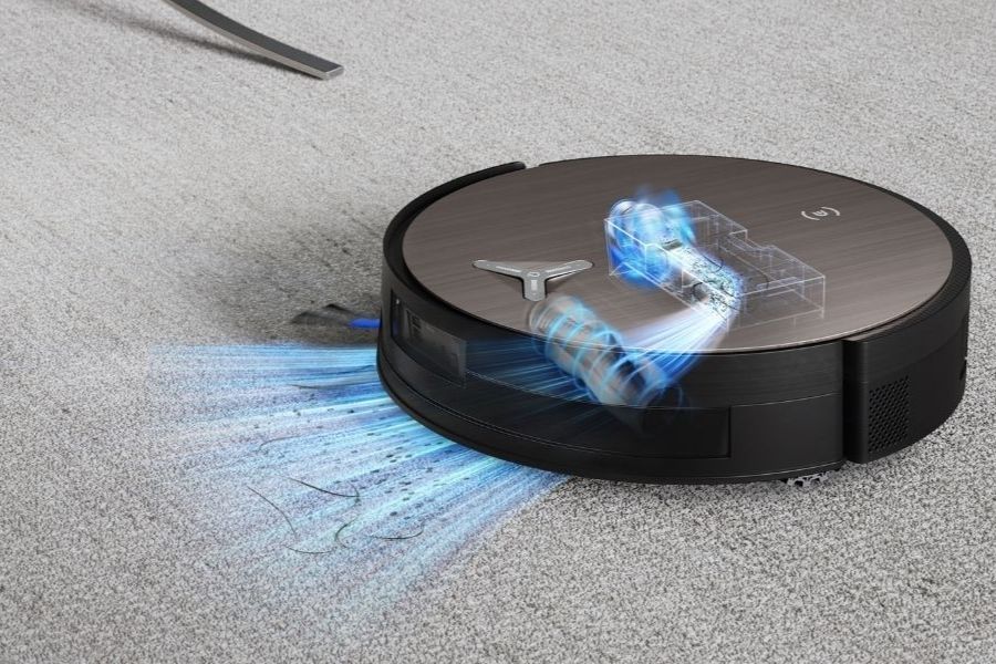deebot robot vacuum vacuuming pet hair and dander on carpet