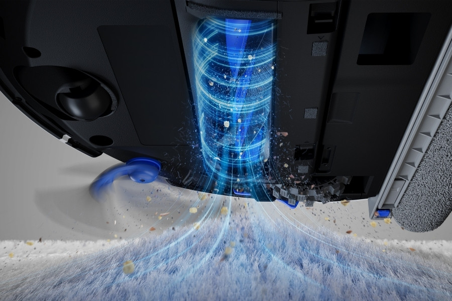 a closeup of deebot robot vacuum cleaning with high suction
