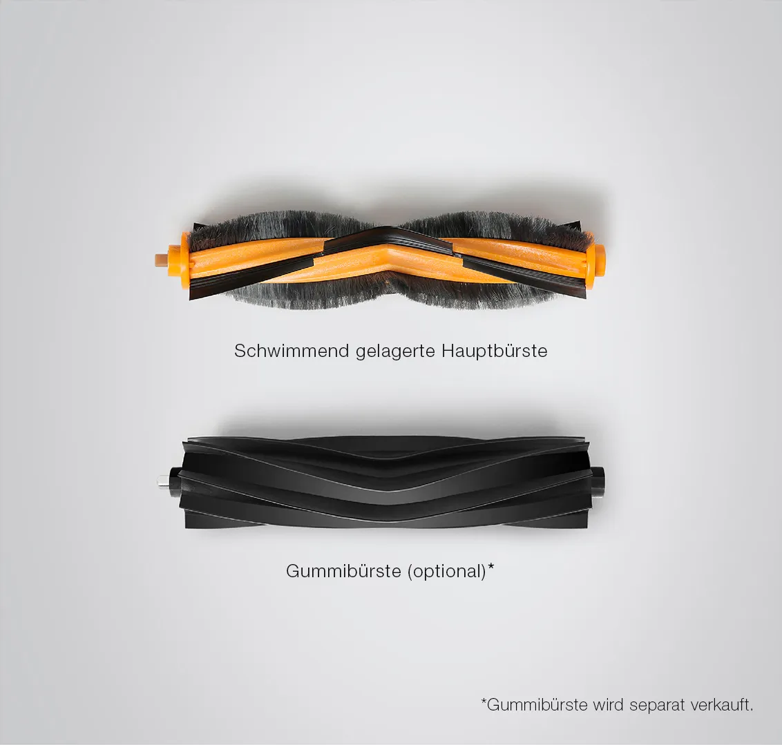 Schwimmend gelagerte Hauptbürste + Gummibürste (optional)