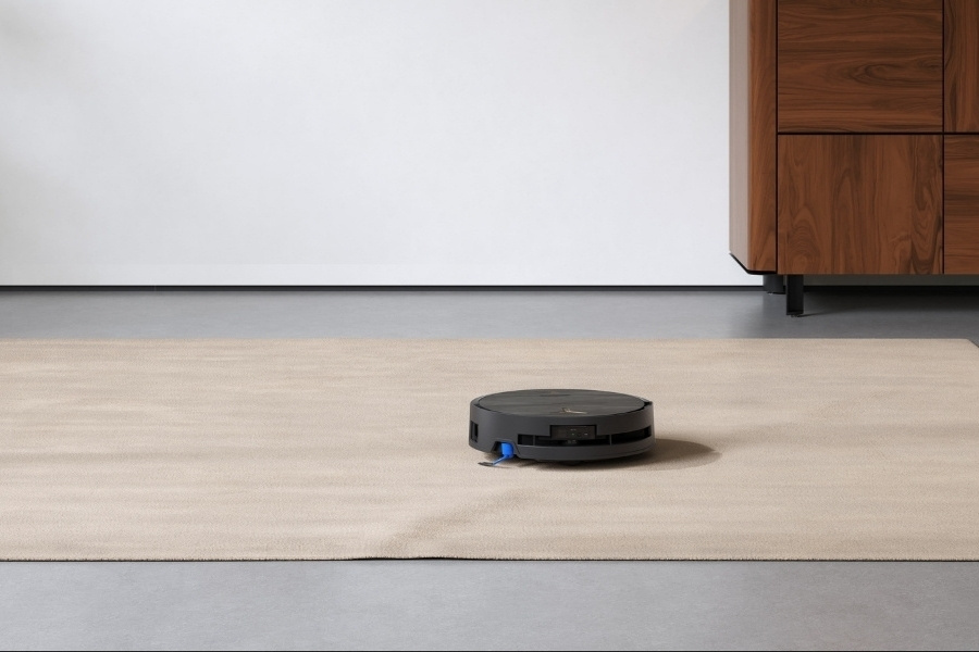der deebot saugroboter saugt staub vom teppich im wohnzimmer auf