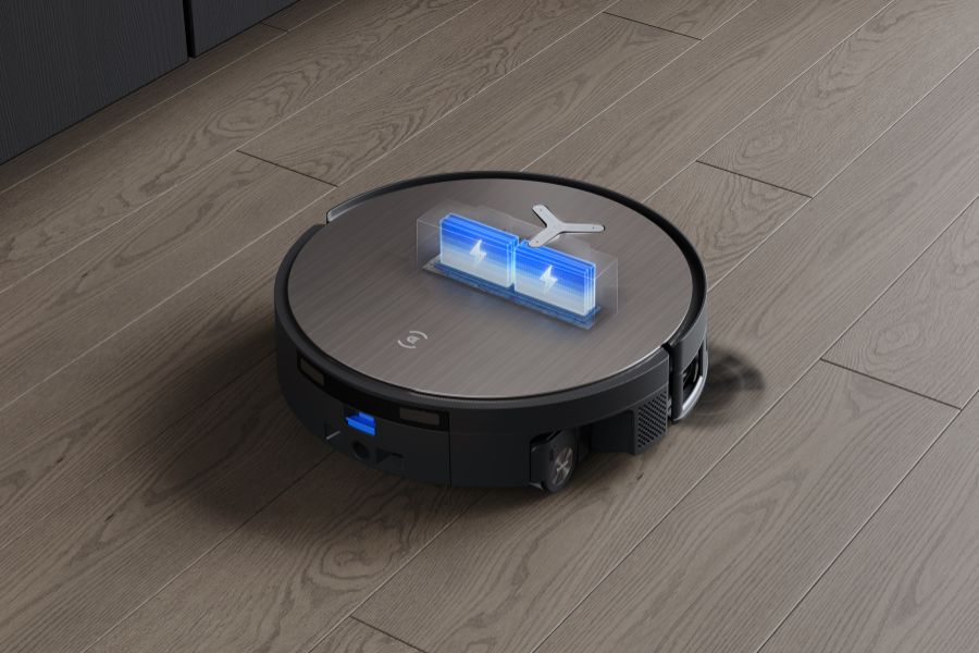 batterie de l’aspirateur robot deebot pendant une session de nettoyage