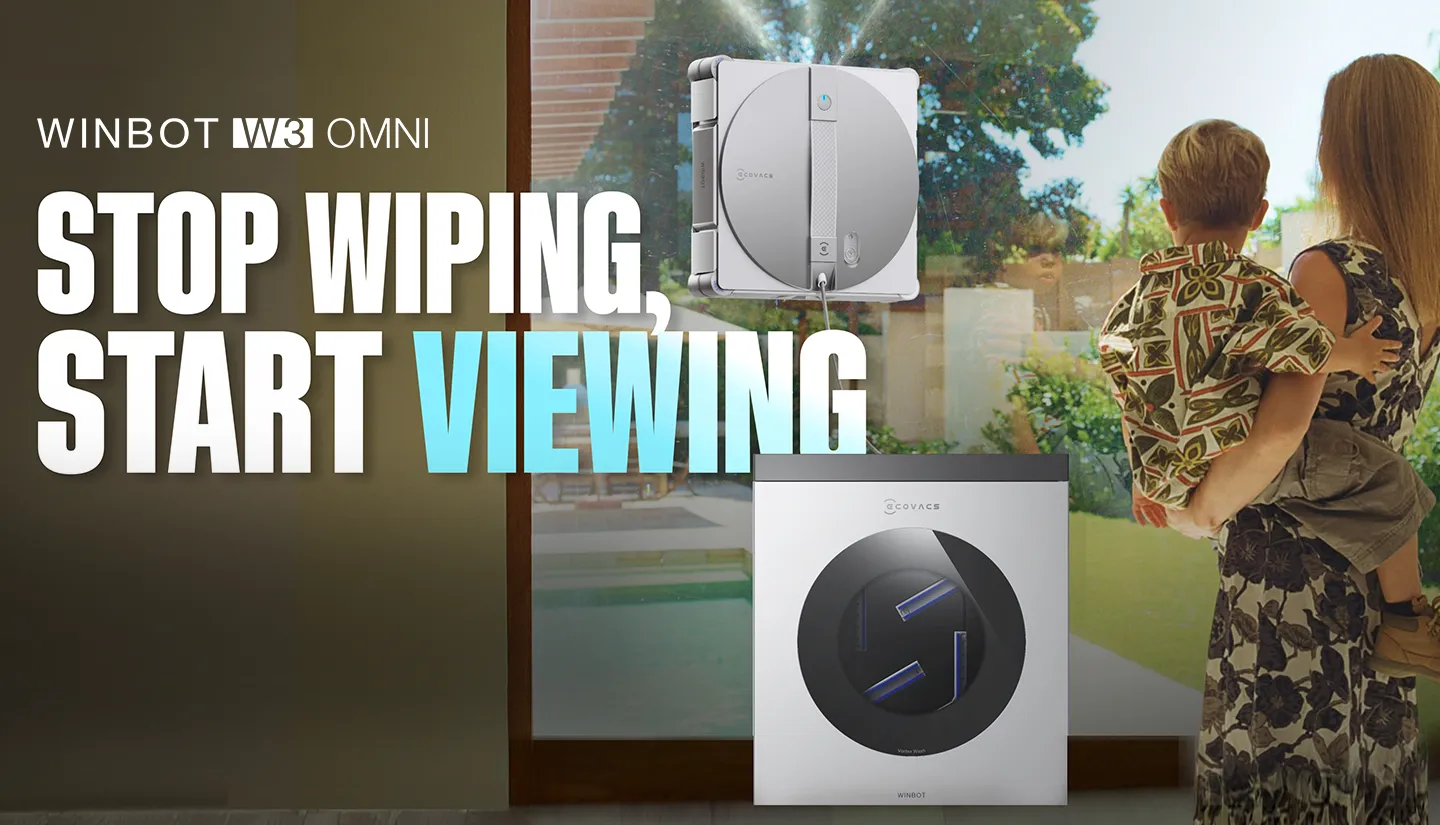 ECOVACS WINBOT W3 OMNI robotic window cleaner cleaning a large glass surface