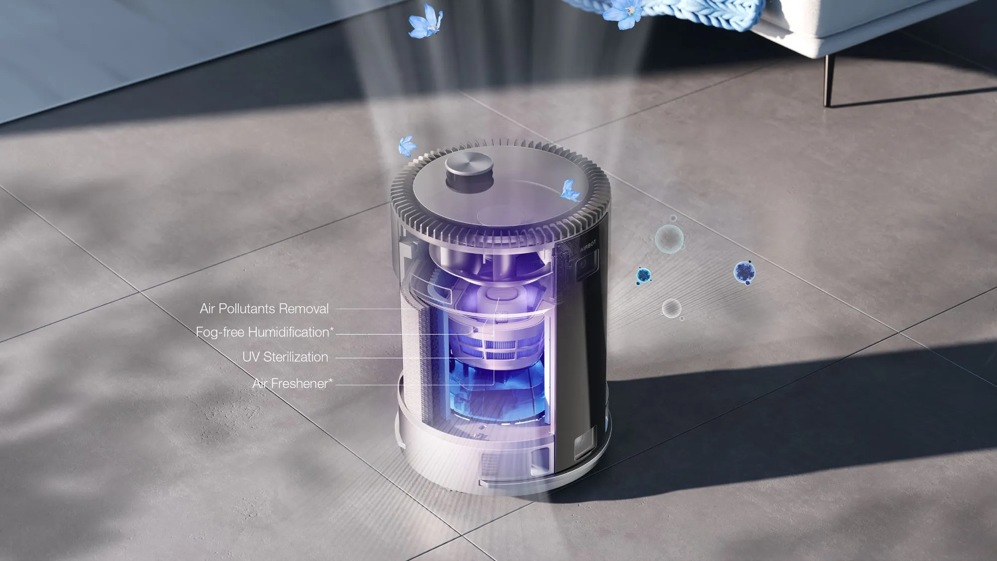 Purifying with HEPA filter and UV sanitizing in one, with optional humidifier and air freshener add-ons