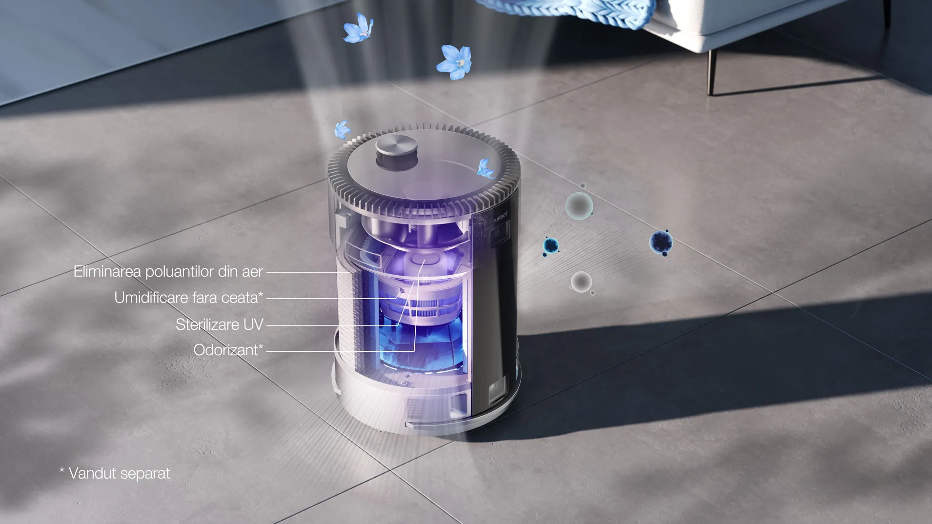 Purificare cu filtru HEPA si igienizare UV, cu umidificator si suplimente optionale pentru odorizant.
