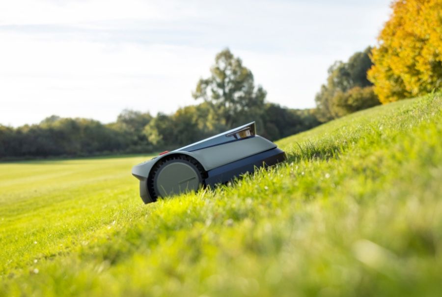 goat robot lawn mower mowing slope in a large yard