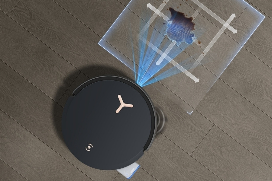 deebot robot vacuum detecting coffee stain on the floor
