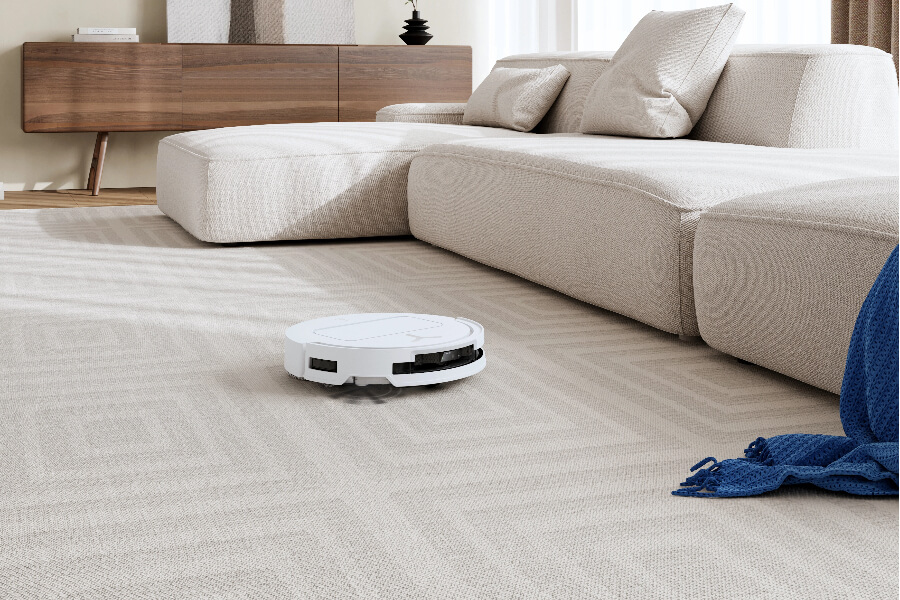 deebot robot vacuum vacuuming dust on carpet