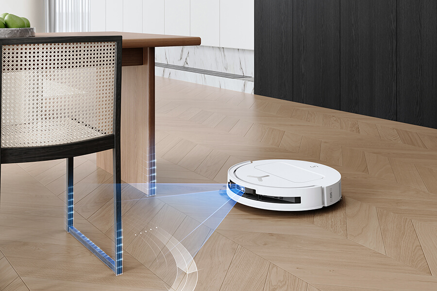 deebot robot vacuum cleaner scanning a room with hardwood floor