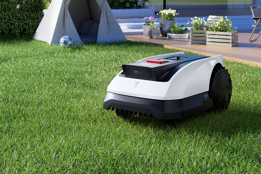 goat robot lawn mower mowing backyard