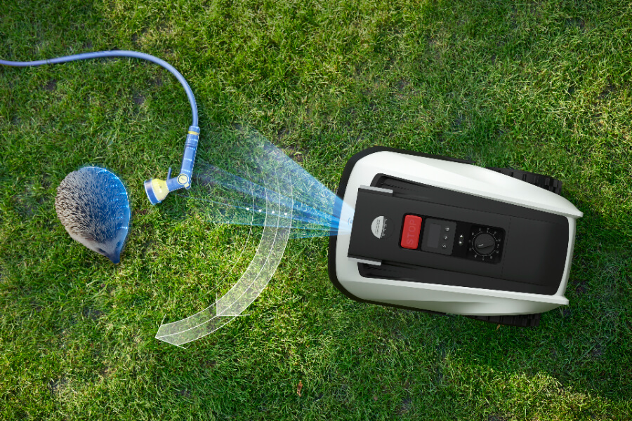 goat lawn mower detecting hedgehogs and water hose in the garden
