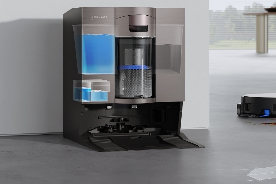 deebot robot vacuum mopping floor near the docking stataion