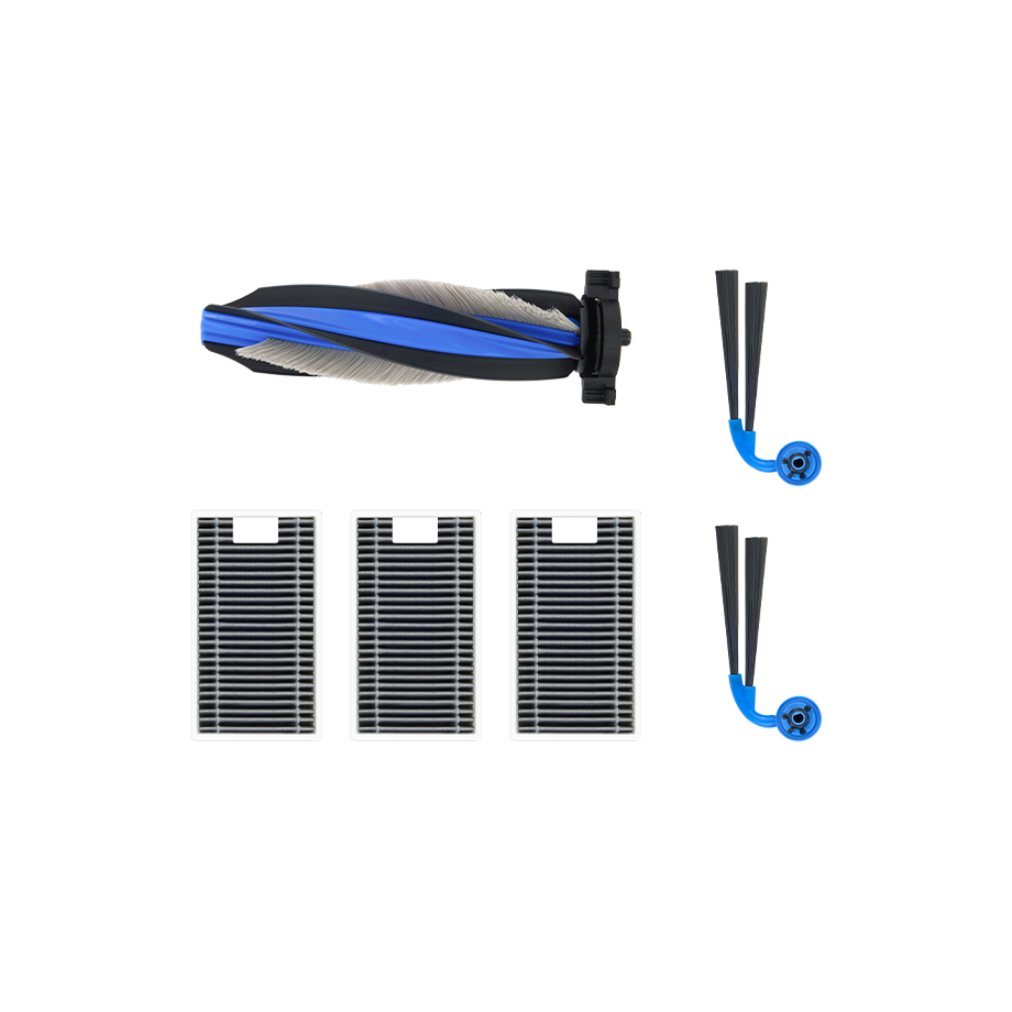 ערכת אביזרי החלפה ל-Ecovacs T90: מברשת ראשית נגד הסתבכות, שלושה פילטרים ושתי מברשות צד