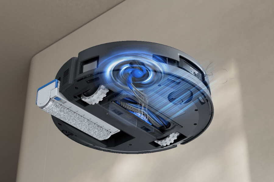 the underside of a robot vacuum cleaner showing the mop pads, brushes, and wheels