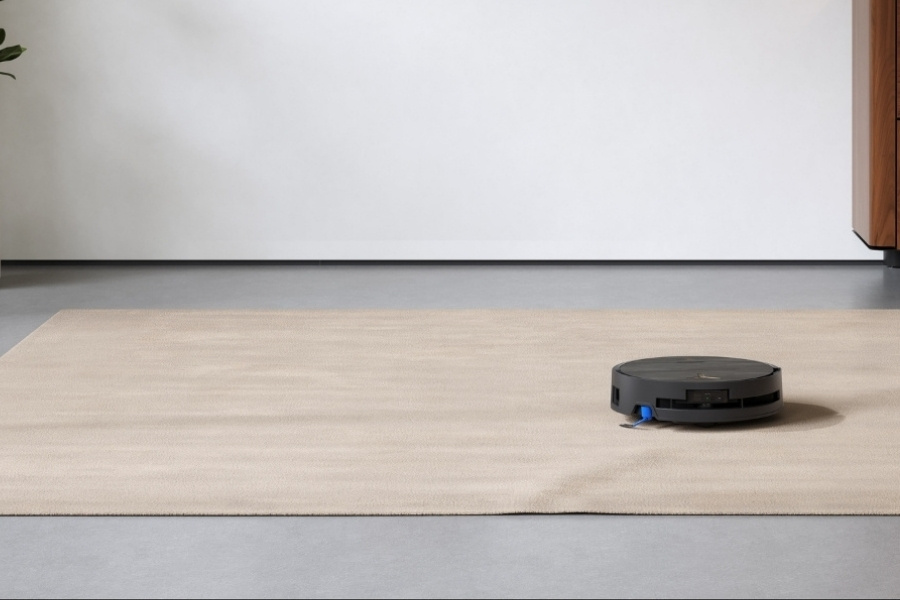 deebot robot vacuum picking up dust from the carpet in the living room