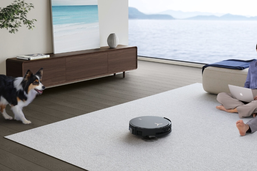 dog approaching the deebot robot vacuum