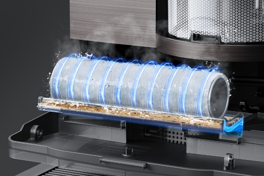 a closeup of the roller mop of deebot robot vacuum cleaner getting washed with hot water in the station