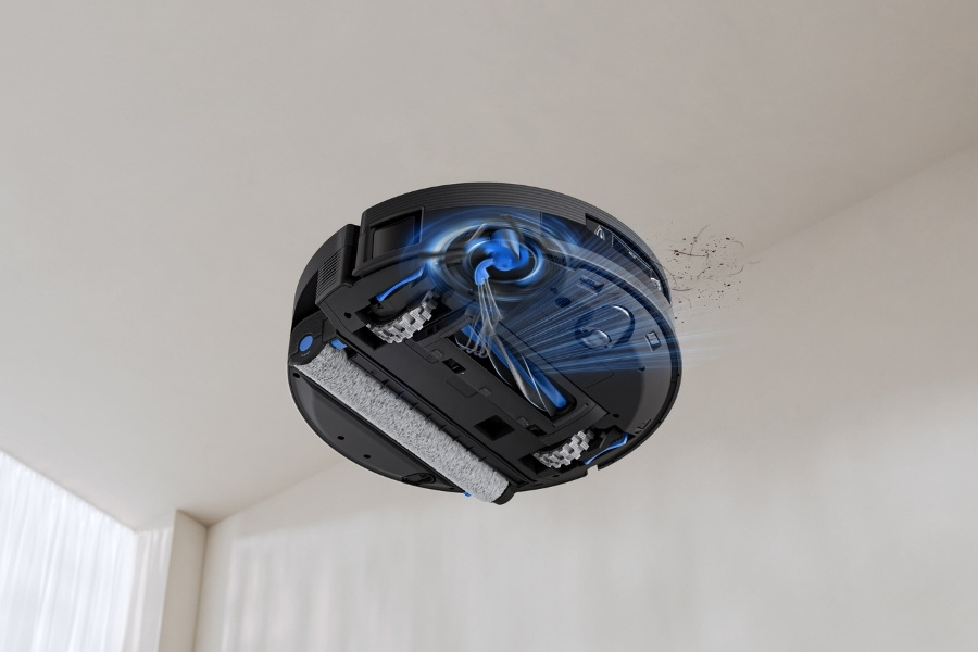 deebot robot vacuum picking up hair with zerotangle brushes